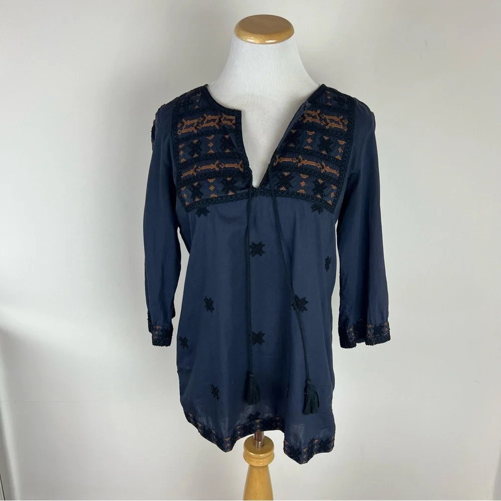 Figue Beaded Embroidered Boho Peasant Top Navy 100% Cotton Made in India Size S